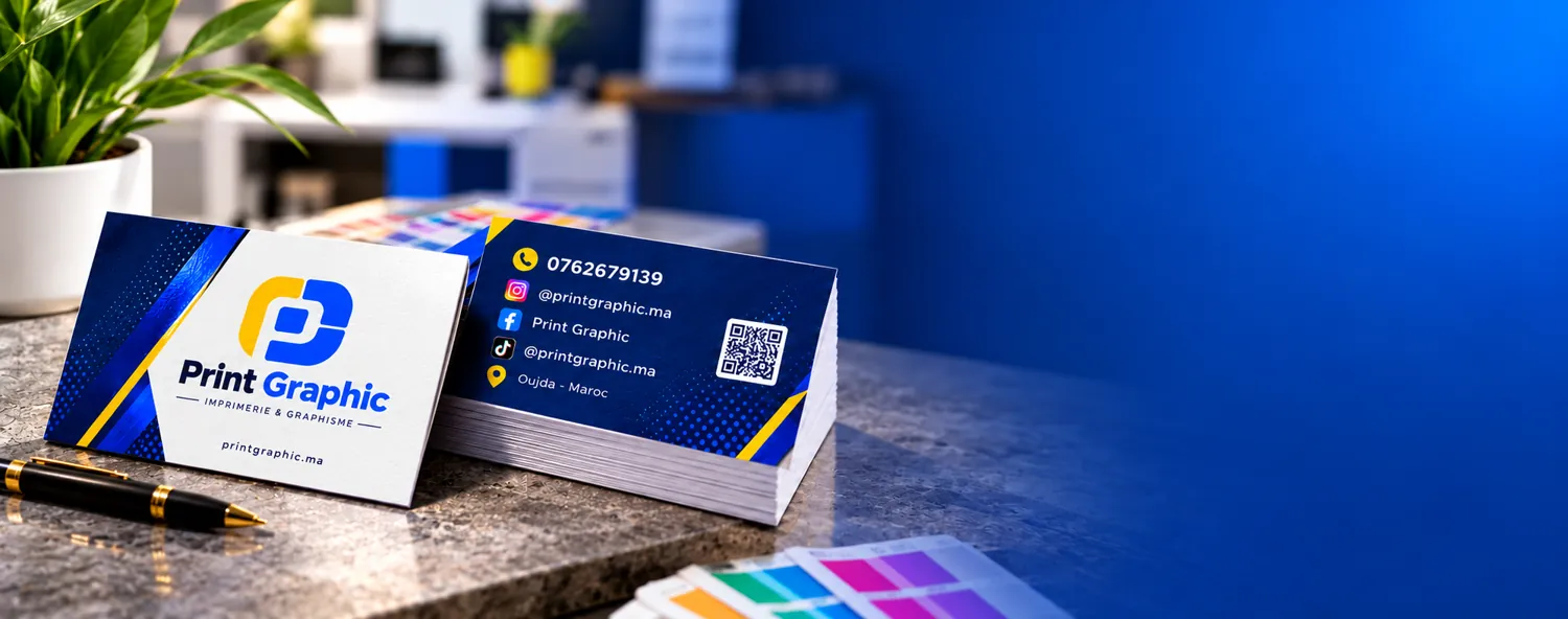 Cartes de visite Print Graphic sur une table de travail